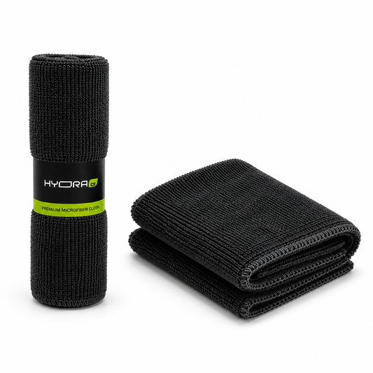 Hydraone Premium Microfiber Cloth measuring 30 × 30 cm with 340 GSM thickness, soft absorbent microfiber towel suitable for car washing, detailing, glass and household cleaning.
