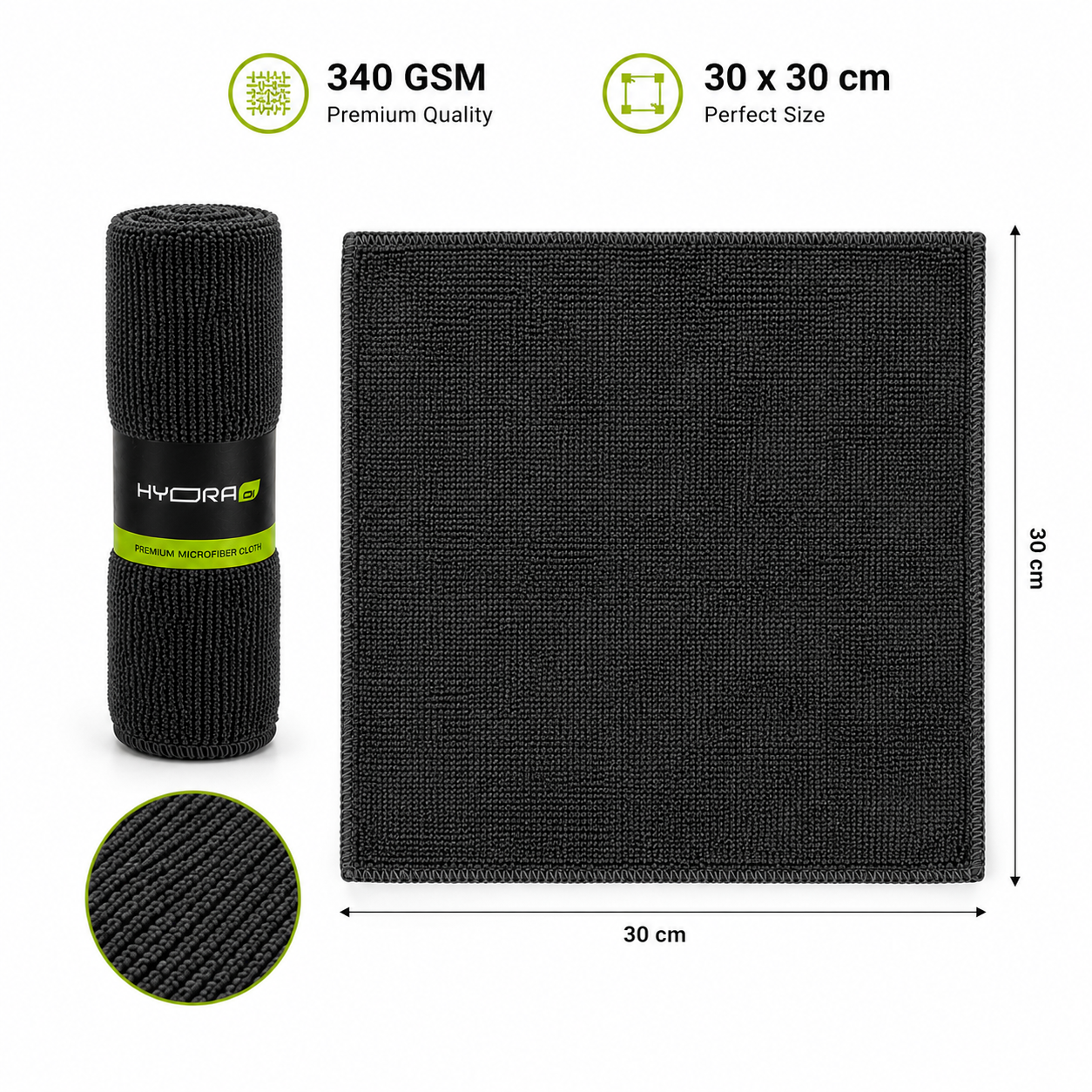 Hydraone Premium Microfiber Cloth folded, 340 GSM, 30 × 30 cm soft microfiber cleaning cloth for car detailing, glass cleaning and everyday use.