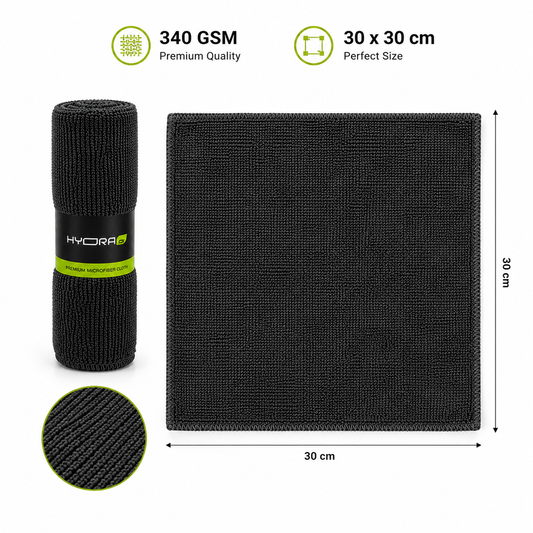 Hydraone Premium Microfiber Cloth folded, 340 GSM, 30 × 30 cm soft microfiber cleaning cloth for car detailing, glass cleaning and everyday use.